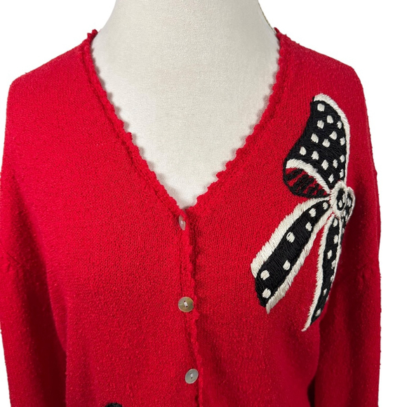 Vintage Susan Bristol Red Button Cardigan Embroidered Bows V-Neck Cute Size M - Picture 6 of 12